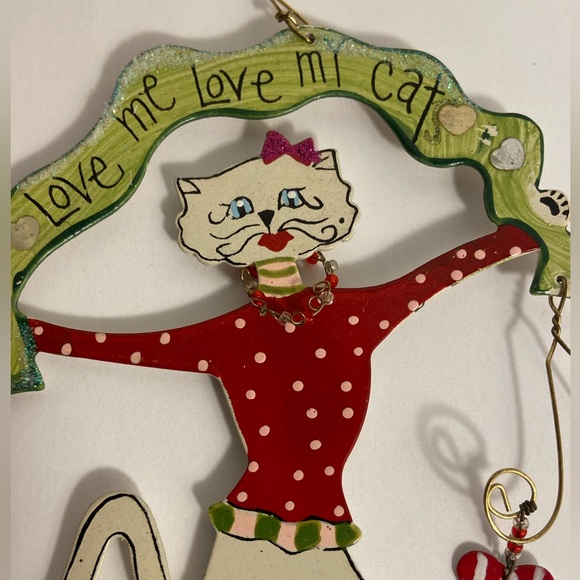 Vintage cat irnament Love Me Love My Cat White Kitty Girl hearts whimsical art - Picture 6 of 9